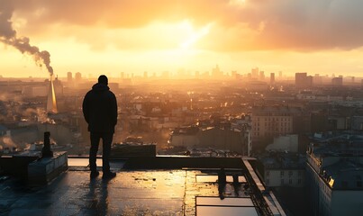 Fototapeta premium a man on a rooftop looking over the city, Generative AI