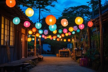 Illuminated pathway at night with colorful paper lanterns hanging between buildings.
