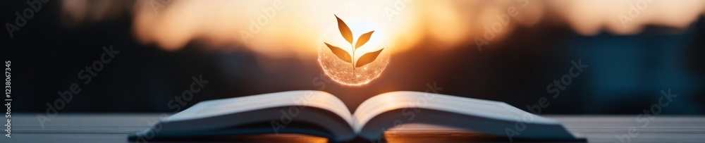 Aufkleber futuristic cozy reading nook holographic mind concept above open book in dimly lit study - education