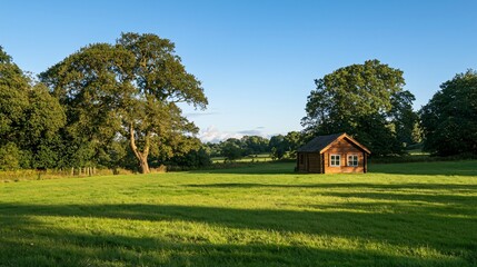 Obraz premium Serene Summer Landscape Wooden Cabin in Green Field Trees Sunny Day