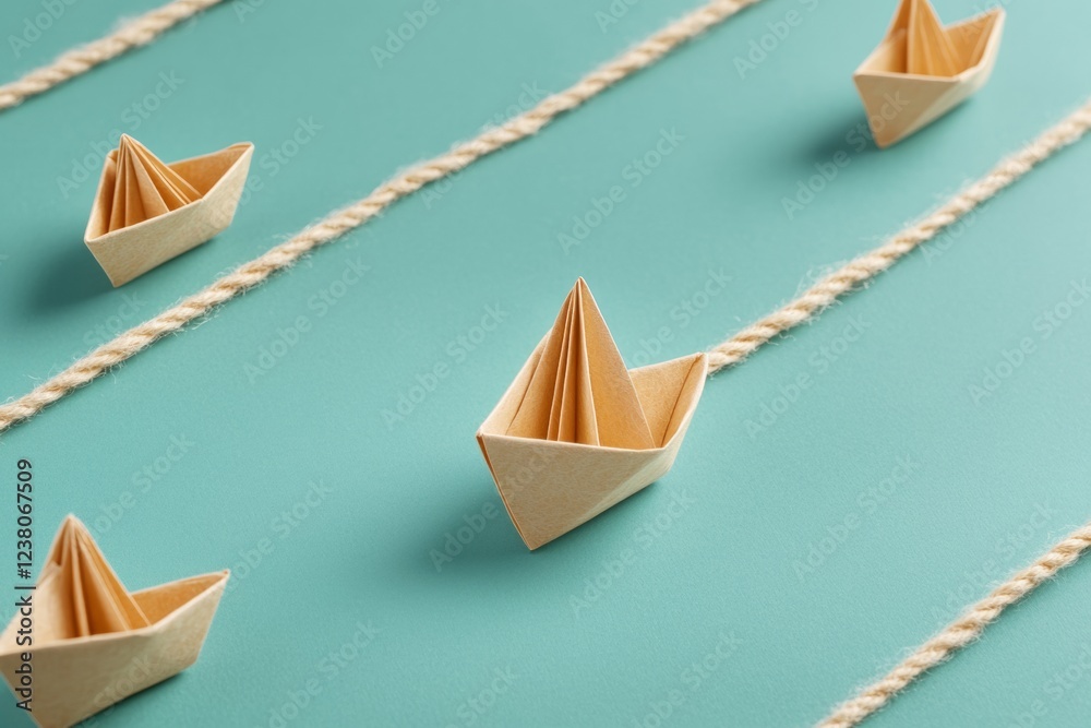 Leinwandbilder geometric strategy art minimalist paper ships on textured twine for innovative business planning and