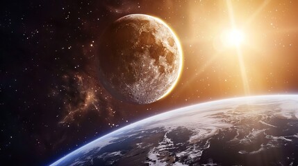 Fototapeta premium Stunning lunar eclipse in space featuring the moon, earth, and radiant sun in a panoramic cosmic view