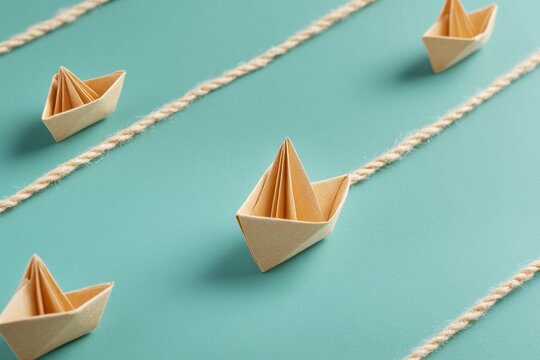 Geometric Strategy Art Minimalist Paper Ships on Textured Twine for Innovative Business Planning and Creative Problem-Solving Visualization in Modern Business Strategy