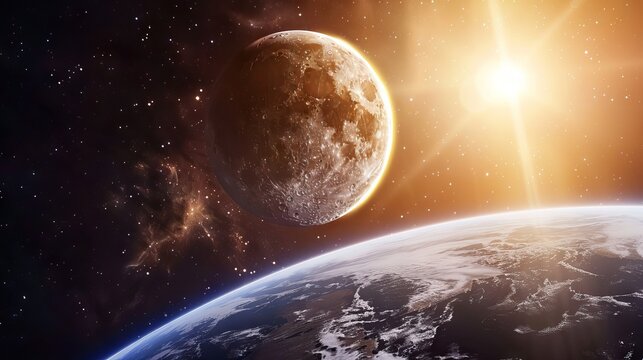 Stunning lunar eclipse in space featuring the moon, earth, and radiant sun in a panoramic cosmic view - Powered by Adobe