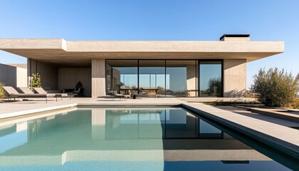 Obraz premium Elegant minimalist villa with a concrete exterior spacious pool and modern terrace under clear skies