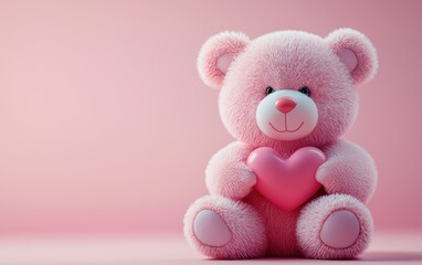 Fototapeta premium pink teddy bear holding a heart, placed on a soft pink gradient background. Valentines Day and 8 March theme