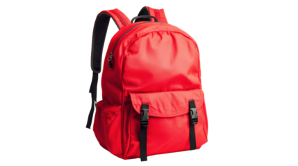 Red backpack isolated on transparent background for easy integration