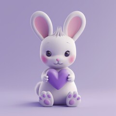 3d cute white bunny with purple heart in paws on light purple background .