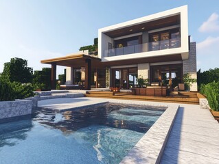 Fototapeta premium Elegant modern villa exterior with sharp lines a stone pool and a wooden terrace under clear skies
