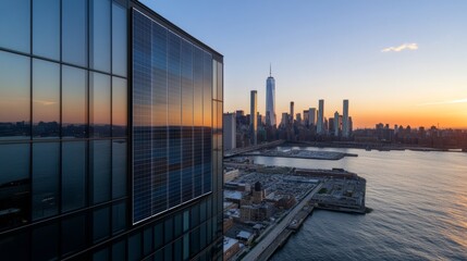 Naklejka premium Aerial Urban Solar Integration Modern Glass Facade with Industrial Photovoltaic Panels - Commercial Energy Solution and Urban Infrastructure Efficiency in Business Sustainability