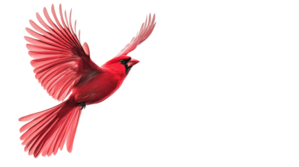 Red cardinal bird flying with open wings on transparent background