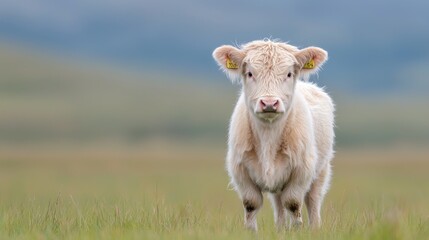 Obraz premium White calf stares, grassy field, hills background, farm animal image