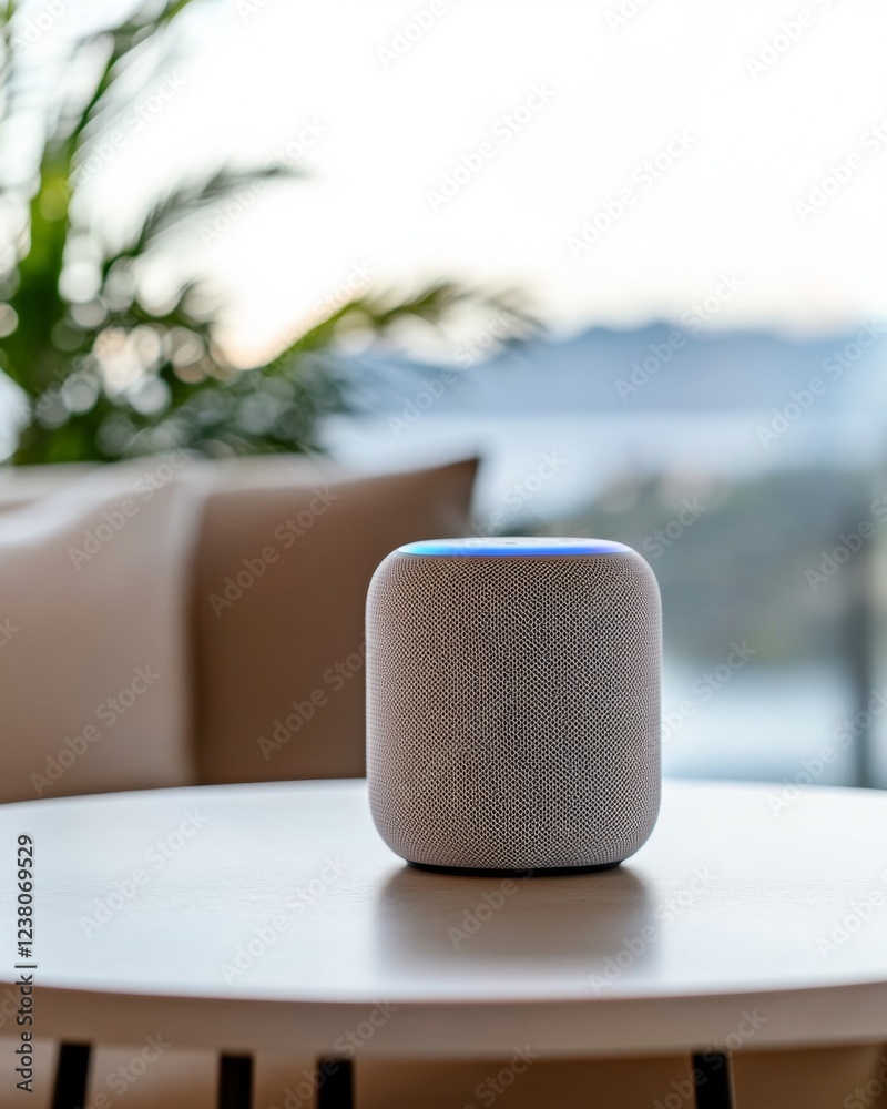 Poster ai-enhanced minimalist smart home modern smart speaker and ambient lighting in contemporary metallic