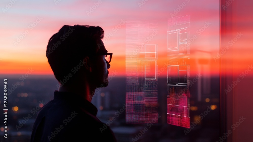 Aufkleber futuristic tech aesthetic ai-powered smart home security interface on glass view urban development a
