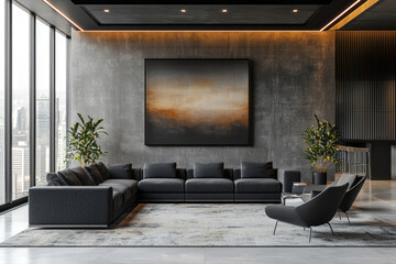 Chic Open-Concept Office Lounge Modern Black Sofa Sleek Metal Armchairs and Trendy Decor Create a Stylish Workspace Retreat