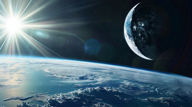Stunning lunar eclipse in space featuring the moon, earth, and radiant sun in a panoramic cosmic view