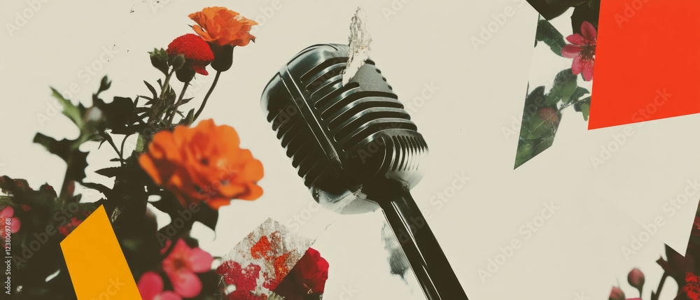 Poster collage of geometric shapes and flowers combined with a reflection of a microphone