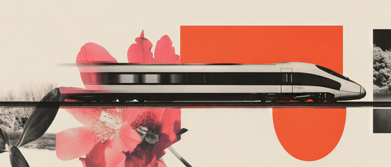 Minimalist collage featuring a high-speed train with floral elements and geometric shapes