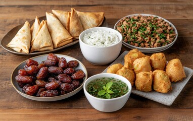 A vibrant spread of appetizers including samosas, dips, and dates, beautifully arranged on rustic wooden surfaces.