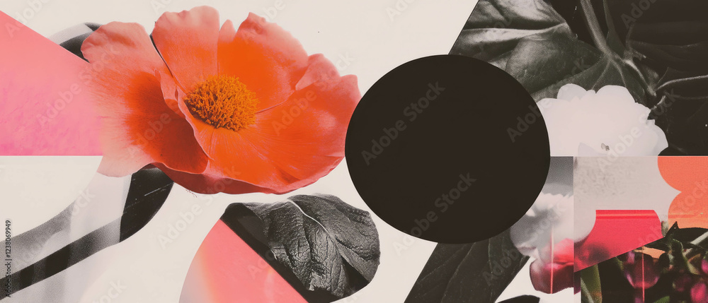 Poster exploring minimalist design with geometric shapes and floral elements in digital art