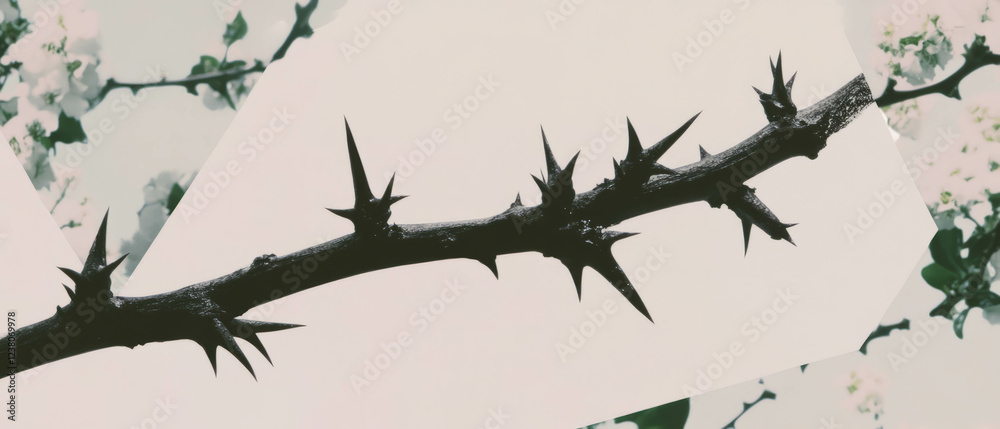 Poster collage featuring geometric shapes and a close-up of a thorny branch on a white background