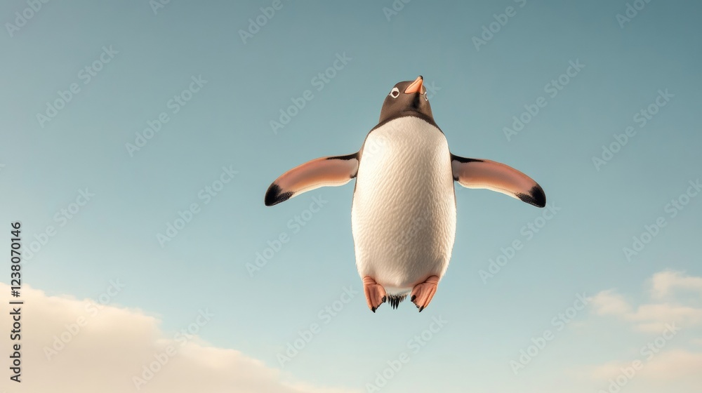 Poster futuristic robotic penguin with digital textures in clear blue skies innovating tech display for int