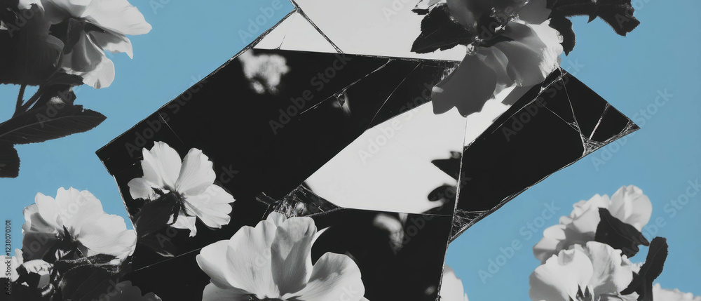 Poster exploration of reflection and distortion in a minimalist collage of geometric shapes and flowers