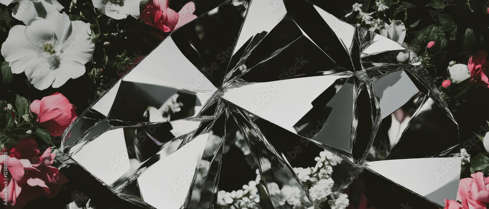 Poster exploring reflections in a minimalist collage featuring broken mirror and floral elements