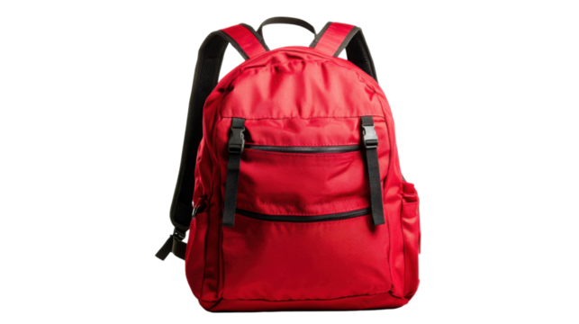 Red backpack standing up against transparent background