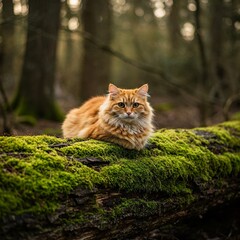 Ginger cat napping peacefully on a moss-covered log in a sunlit forest.