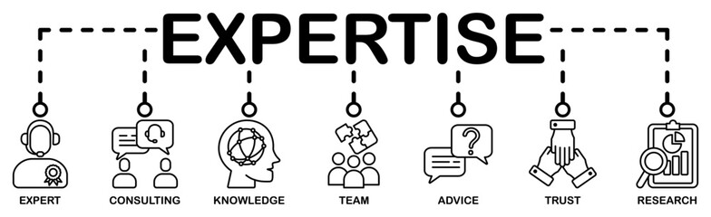 Expertise banner web icon vector illustration concept representing high-level knowledge and experience with an icon of expert, consulting, knowledge, team, advice, trust, and research	