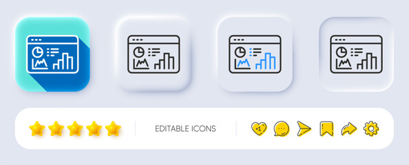 Seo statistics line icon. Neumorphic, Flat shadow, 3d buttons. Search engine optimization sign. Analytics chart symbol. Line seo statistics icon. Social media icons. Vector