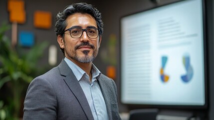 Fototapeta premium An elegant Hispanic man executive giving a presentation at a business meeting in a modern office, showcasing professionalism, leadership, and corporate success in a contemporary work environment.
