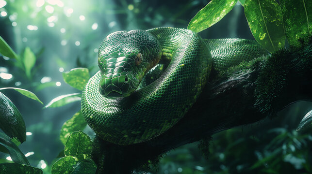 Coiled green tree python resting among lush foliage in a rainforest environment
