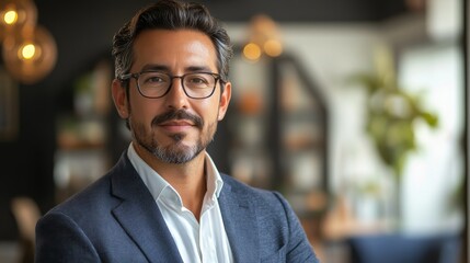 Obraz premium An elegant Hispanic man executive giving a presentation at a business meeting in a modern office, showcasing professionalism, leadership, and corporate success in a contemporary work environment.