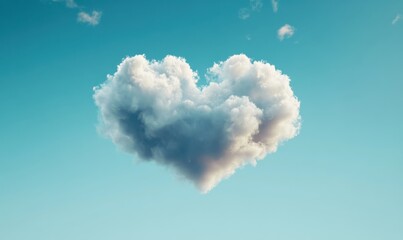 Conceptual floating cloud shaped like a heart against a clear blue sky, symbolizing love and freedom.