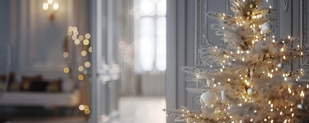 christmas tree with blurred lights in interior.