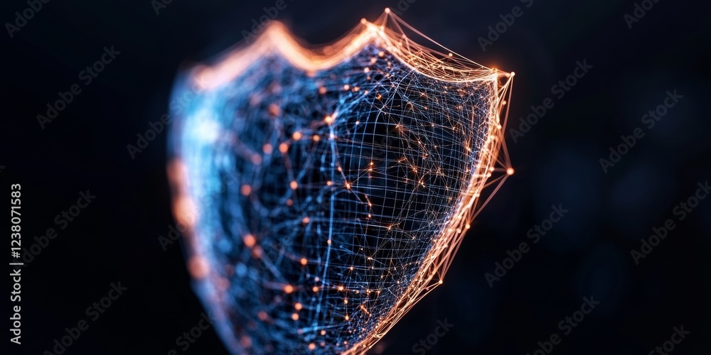 Poster Cyber Futurism Network Protection Graph of Interconnected Nodes in Luminous Shield Shape - Advanced Digital Security Visualization for Enterprise System Defense