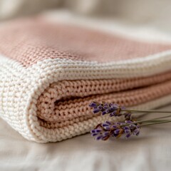 Minimalist Knit Blanket in Soft Pastel and Cream with Lavender Sprigs - Eco-Friendly Home Decor for Modern Living Spaces and Cozy Aesthetic