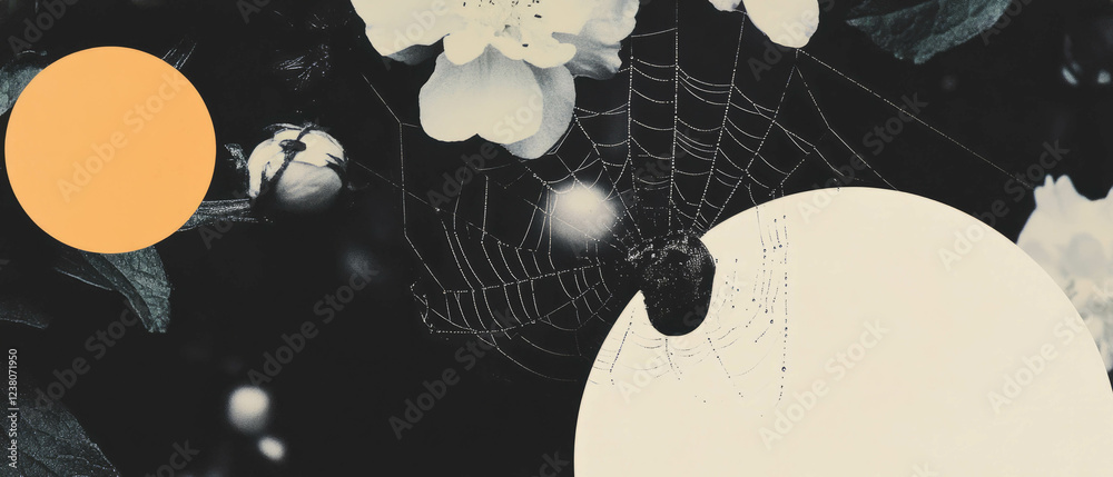 Poster minimalist collage of geometric shapes and a mystical spider web with dew drops