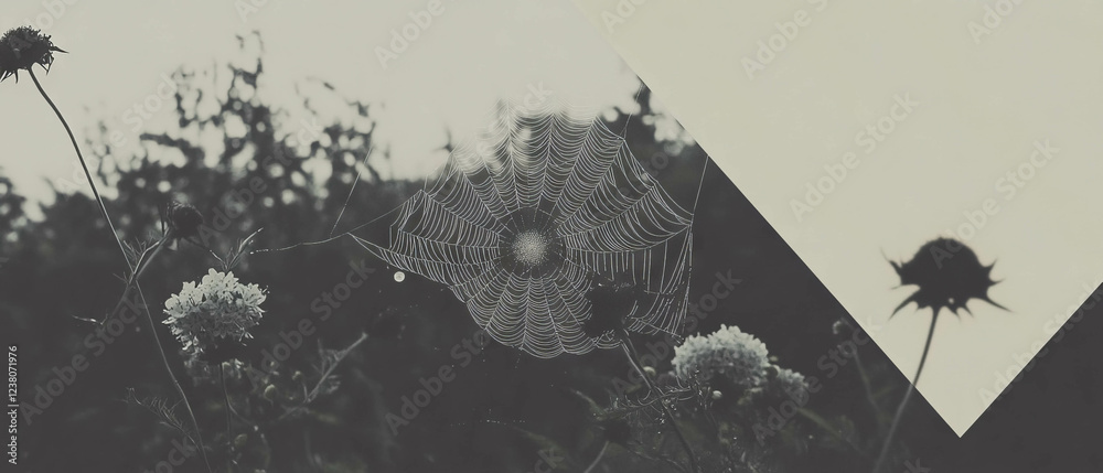Poster minimalist collage showcasing a web adorned with dew under moonlight with floral elements