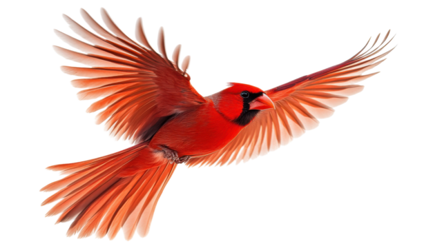 Majestic red cardinal bird flying with open wings on transparent background