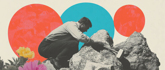 Geologist studies rock samples with hammer in a minimalist floral collage setting