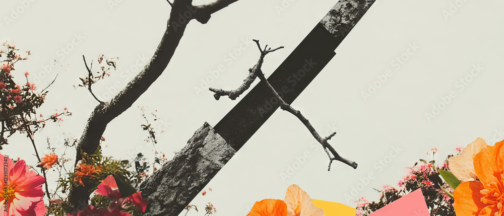 Poster minimalist collage of a grafting branch with geometric shapes and flowers on a white background