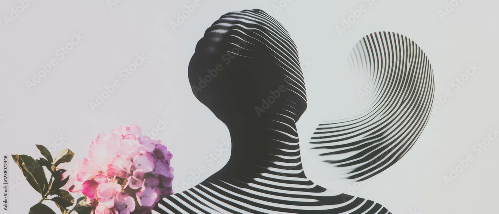 Poster Minimalist collage blending geometric shapes and floral elements with a statue in swirling patterns