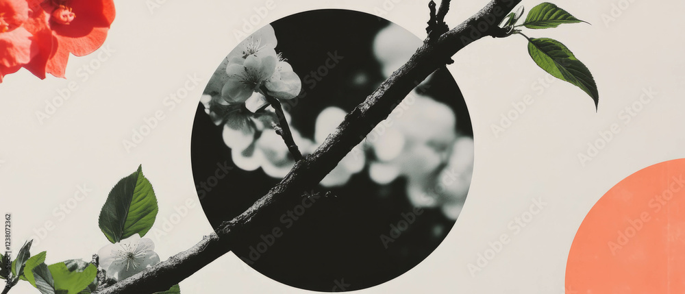 Poster minimalist collage of grafted tree branch with geometric shapes and flowers in the background
