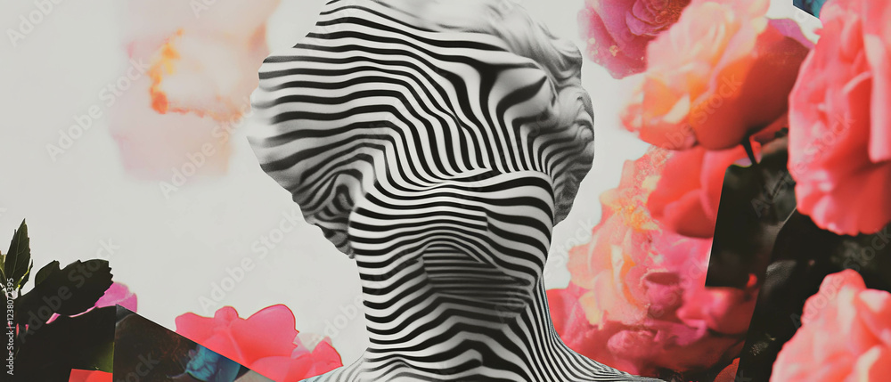 Poster exploring a minimalist collage of geometric shapes and floral elements with a statuesque figure