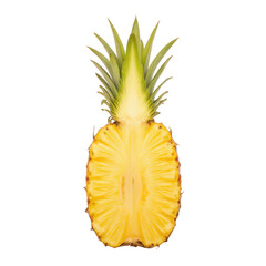 Ripe pineapple cut in half, vibrant yellow fruit showcasing sweet interior, perfect for tropical-themed recipes or snacks. Isolated on white background or PNG