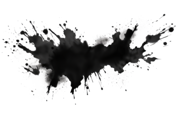 Black and white grunge ink splat on transparent background