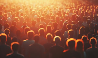 Obraz premium Crowd of diverse individuals glowing under warm sunlight, symbolizing unity and collective empowerment.